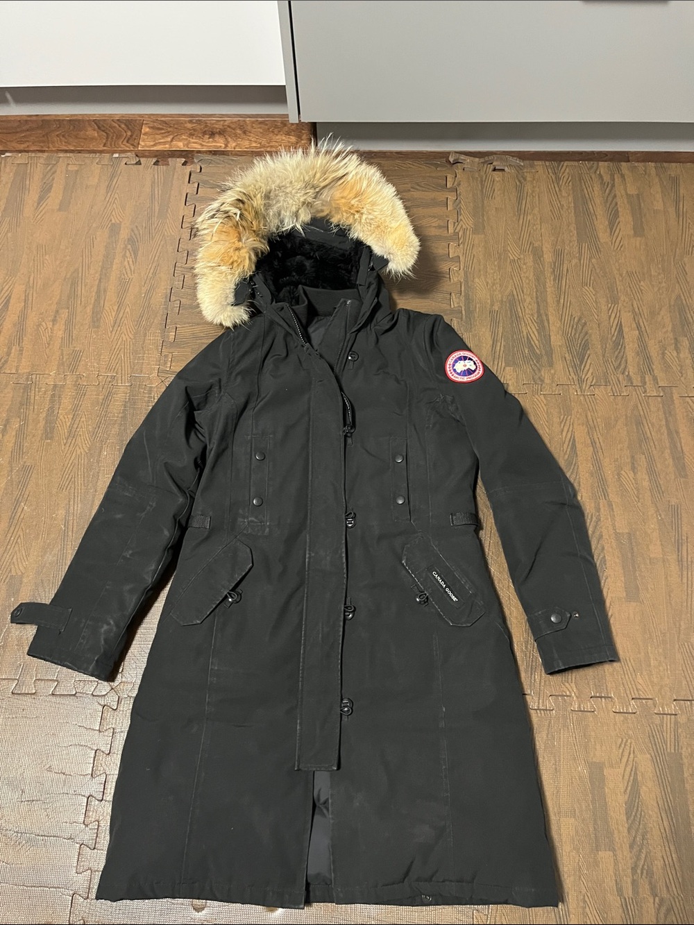 Canada Goose Black Long Trench Coat with Fur Hood